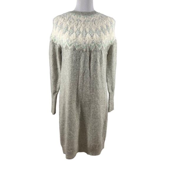 Ann Taylor Fair Isle Long Sleeve Crew Neck Sweater Dress Medium Gray Cozy Warm - Picture 2 of 9